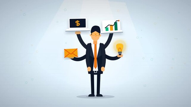 Multitasking businessman with multiple arms holding laptops, email, lightbulb, and charts representing business success