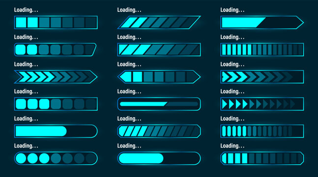 Loading bar collection with futuristic progress indicators and interface elements. Includes various UI progress designs and animation styles