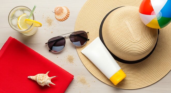 Summer vacation accessories on a wooden surface