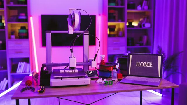 A 3D printer is actively creating the word HOME on its build plate, surrounded by filament spools and tools in a room illuminated by vibrant neon lights