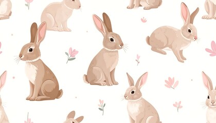 Fototapeta premium A digital illustration of multiple brown rabbits among pink flowers on a white background