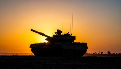 Obraz premium Silhouette of a Heavy Tank against a Vibrant Sunset A Powerful Image of Military Might and Modern Warfare.