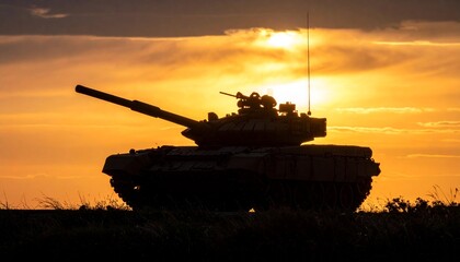 Obraz premium Silhouette of a Tank at Sunset Dramatic Sky Symbol of Military Power and Conflict.
