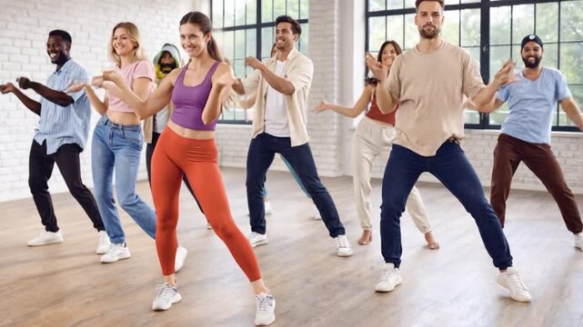 Diverse group of profesional hip hop dancers practice moves in studio together. 
