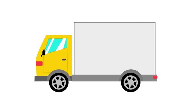 A yellow cargo delivery truck drives across a white background and transitions to a green screen chroma key.