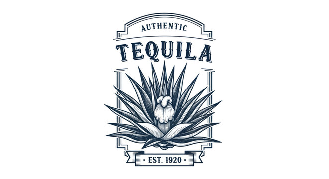 Authentic Tequila Logo with Blue Agave Plant, Vintage Style, Est. 1920