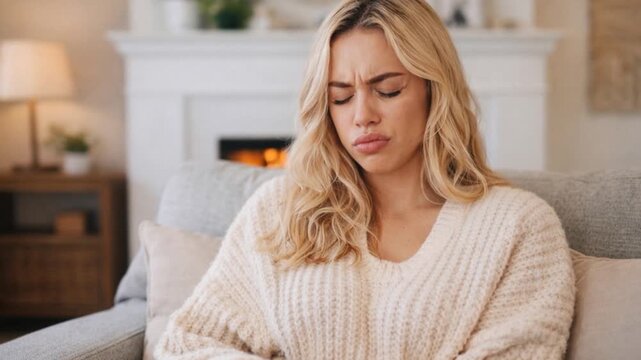 Unhealthy upset young female with fever looking at thermometer with high degree temperature.

