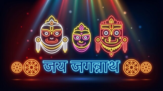 Jagannath neon art rath yatra festival india hindu glowing deities digital light illustration modern poster banner greeting design