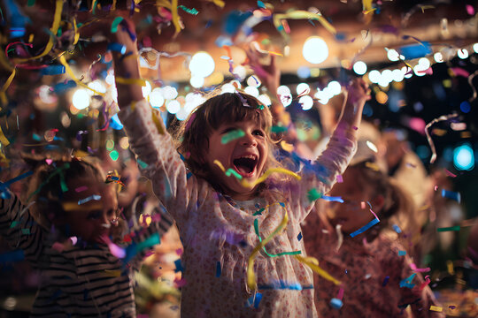 Joyful children celebrating at a festive party with colorful confetti