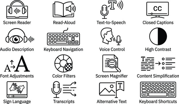Accessibility features icons on white background for website or app