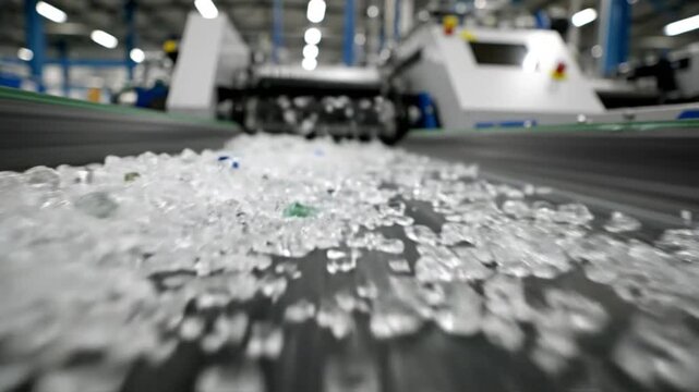 Glass recycling process shows crushed glass fragments moving along a conveyor belt with machinery in the background