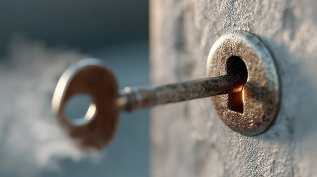 A close-up image of a rusty key partially inserted into an old, textured keyhole on a weathered door.