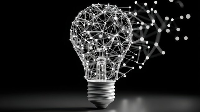 A digital wireframe light bulb composed of interconnected nodes and lines, symbolizing innovation and ideas on a dark background.