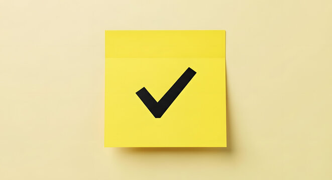 Yellow sticky note with black checkmark on beige background. Generated AI