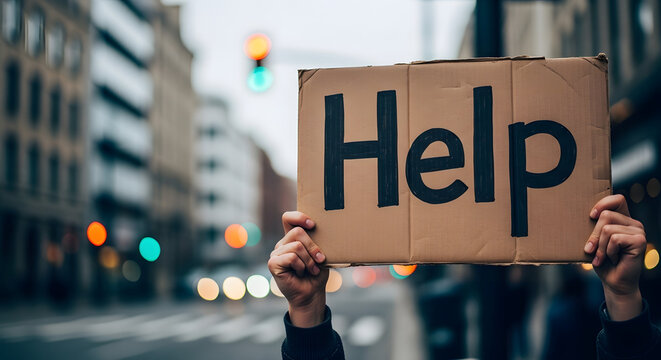 : "Conceptual image of a person holding a cardboard sign with 'Help' written on it, blurred city street background. Focus on hands and sign, respectful angle emphasizing the message, not the individua