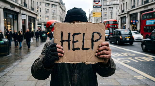 : "Conceptual image of a person holding a cardboard sign with 'Help' written on it, blurred city street background. Focus on hands and sign, respectful angle emphasizing the message, not the individua