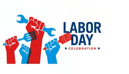 Obraz premium Labor Day Celebration: A vibrant graphic design celebrating Labor Day, featuring raised fists holding symbolic tools against a clear blue sky, signifying the strength and solidarity of the workforce.