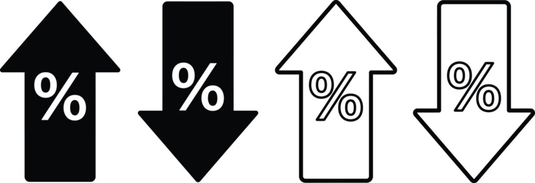 Percentage growth and decline icon set. Percent up and down arrows with flat and line style symbols. Vector illustration of financial growth, decrease and analytics icons