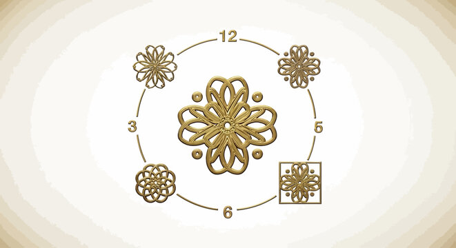 Golden floral clock design elements.