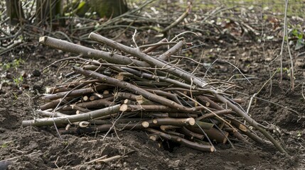 Fototapeta premium A pile of dry twigs and branches on the forest floor. The sticks are arranged haphazardly, surrounded by soil and small patches of grass.