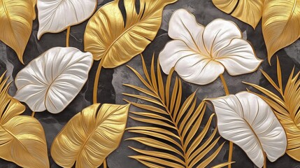 Obraz premium Elegant Golden Foliage Wall Illustration with Tropical Leaves and Flowers for Modern Wallpaper