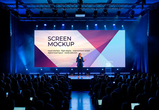Speaker on stage with large blank presentation screen mockup in conference hall