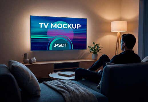 Blank TV screen mockup in modern living room with person watching
