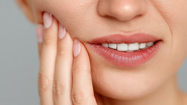 Close-up of a woman gently touching her jaw with a slight smile, showing smooth skin and well-manicured nails.