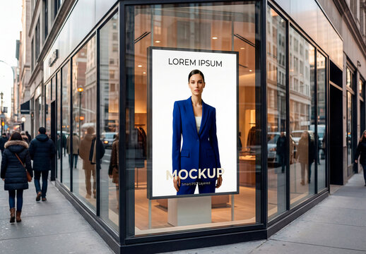 Storefront window poster mockup on modern city corner shop