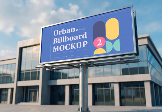 Large outdoor billboard mockup on pole with modern building background