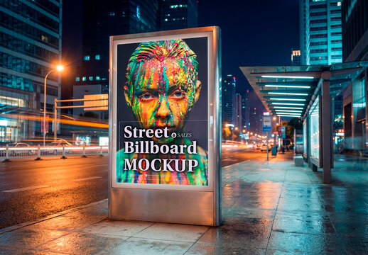 City street billboard mockup at night with light trails