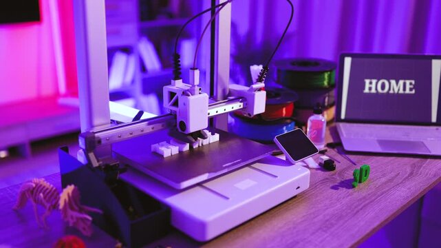 A 3D printer is actively creating the word HOME in white plastic filament on its build plate, with spools of filament and a laptop displaying the word HOME in the background