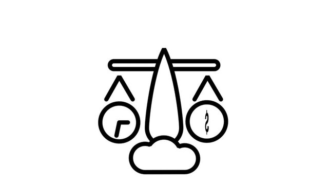 Animated line icon of a balance scale comparing time and money, representing work-life balance, financial value, and priority management.