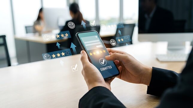 Person submitting online survey on smartphone with five stars and submitted confirmation