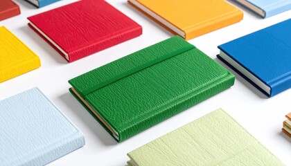 Fototapeta premium Colorful hardcover notebooks arranged on a white surface in a flat lay