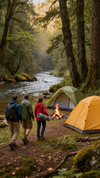 Group of hikers with backpacks relaxing in forest campsite near tents and campfire by river, enjoying nature, outdoor adventure and camping atmosphere.
