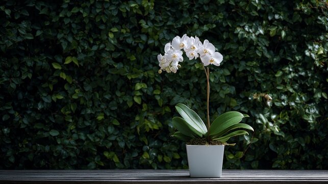 White orchid plant blooming in pot on wooden table outdoors