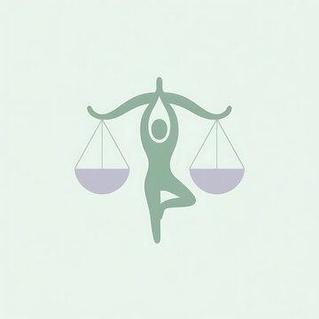 Minimalist yoga balance icon, stylized human figure in tree pose holding justice scales, conceptual wellness and legal harmony symbol