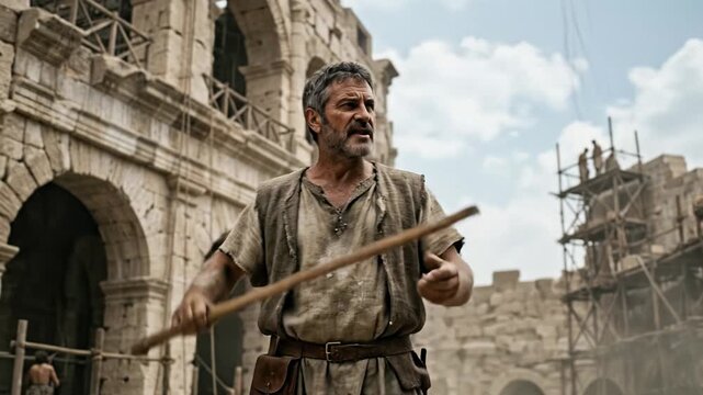 roman worker laborer holding wooden tools near Colosseum construction site ancient Rome Flavian imperial architecture monumental engineering ambition organized workforce historical scene