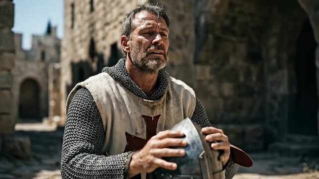 medieval crusader knight holding helmet standing in ancient stone city street Jerusalem 1099 First Crusade religious warrior battle worn faithful soldier historical scene