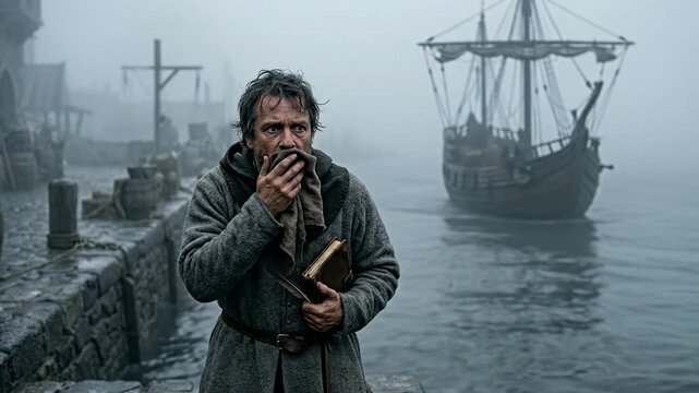 frightened medieval man holding book on foggy harbor dock with old wooden ship arriving Messina 1347 Black Death plague pandemic catastrophe historical dramatic scene