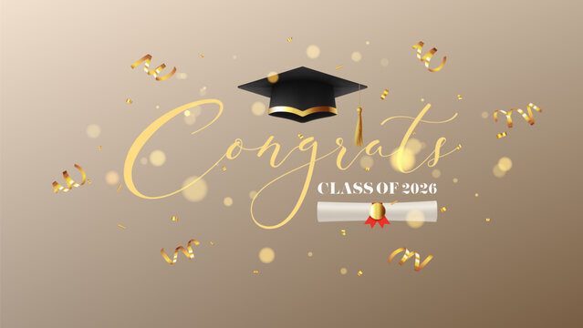 Congrats Class of 2026 Concept Symbol. Vector background with realistic graduation cap, golden confetti and lettering design. Banner for graduation of college, school, university or degree ceremony.