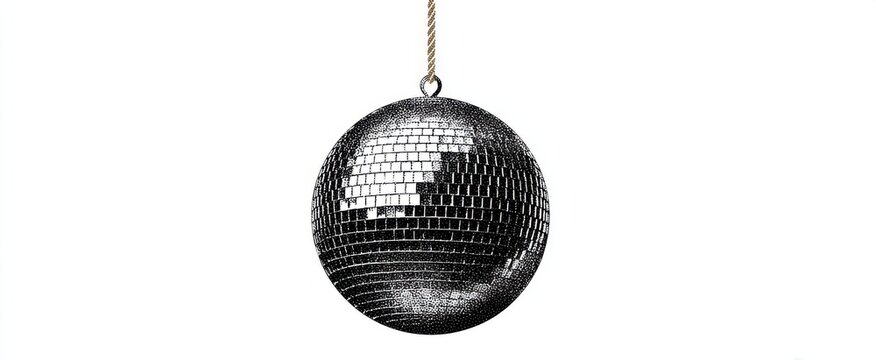 Silver disco ball hangs with grunge texture and glitter accents in retro collage style.