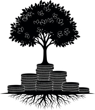 Tree growing from stack of coins representing wealth and financial growth
