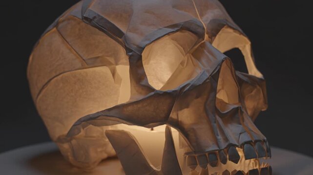 Candlelit Skull Sculpture in Dim Dark Studio.
