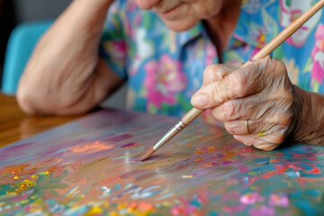 Naklejka premium Close up elderly woman focused on painting abstract art capturing a candid moment of creativity, independence. Focus in hands