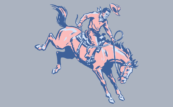 Wild West Rodeo Rider. Retro cowboy adventure artwork. Bucking horse print design for t-shirt, poster, sticker and lifestyle branding.