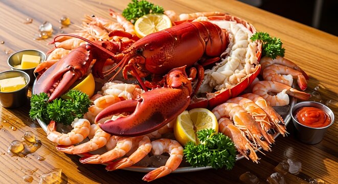 Seafood platter with lobster shrimp.