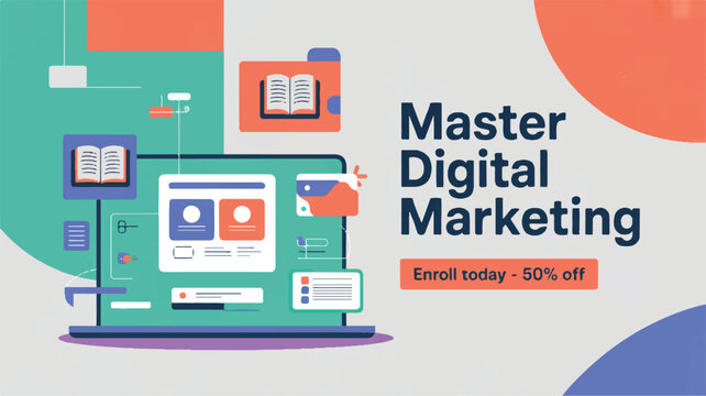 Digital marketing concept with laptop and icons on colorful background