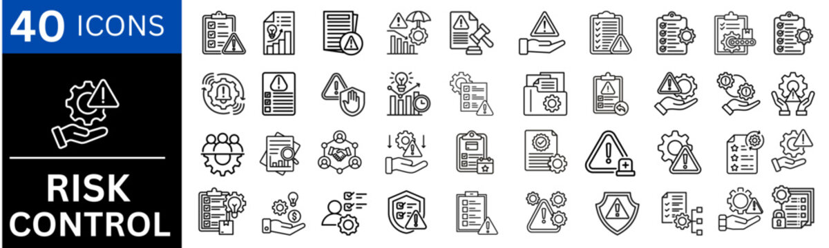 Risk Control icons set. showing risk control, emergency response, safety, security, problem solving, leadership, decision making and organizational recovery planning. vector set